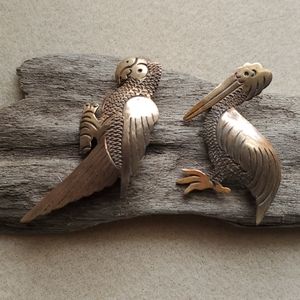 Set of 2 Mexico Copper Bird Pins, Parrot & Pelican